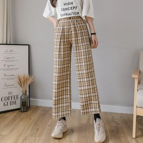 Harajuku Plaid Print Pants For Women 2021 Autumn High Waist Wide Leg Trousers Korean Elastic Waist Loose Harem Pants