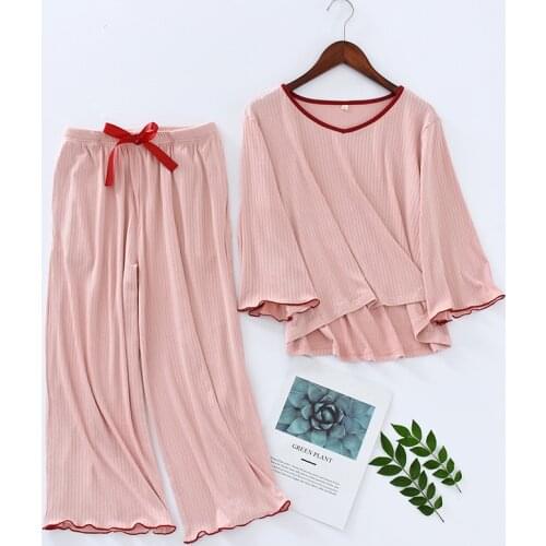 Fdfklak Womens Pajama Sets Three Quarter Sleeves Pyjamas Pijamas Spring Autumn Cotton Sleepwear Calf-Length Pants Nightsuit