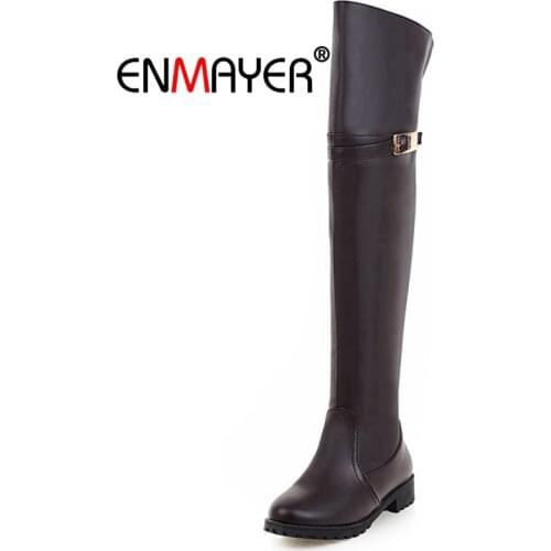 ENMAYER Woman Over the Knee boots Winter Causal Round toe Buckle Thigh High boots Black Big Size 33-43 Metal Low heel Zip CR1617