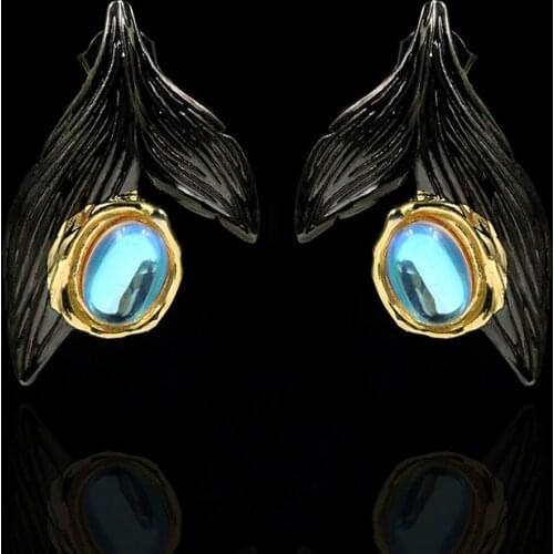 Simple Natural Moonstone Mermaid Tail Ladies Earrings Black Gold Two-tone Handmade Fashion Jewelry Women Silver 925 Jewelry