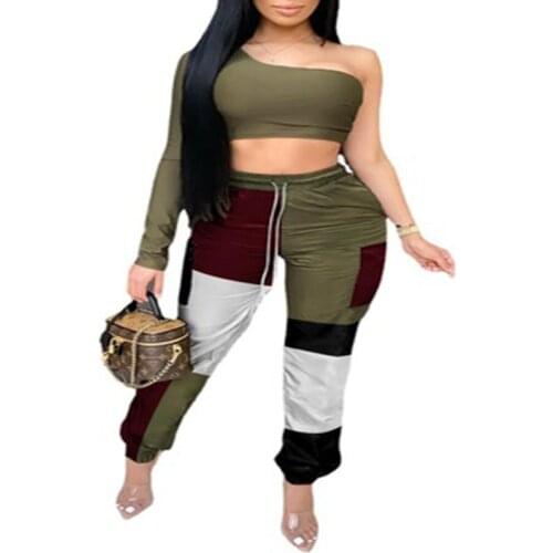 Womens Suit New Sexy Blouse Color Matching Casual Overalls Fashion Oblique Shoulder Long-Sleeved Commuter Womens Clothing