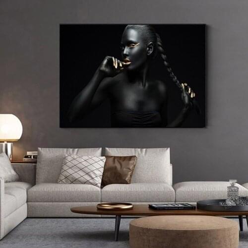 Golden Fashion Black African Woman HD Oil Painting on Canvas Posters and Prints Scandinavian For Living Room Home Decoration Unf