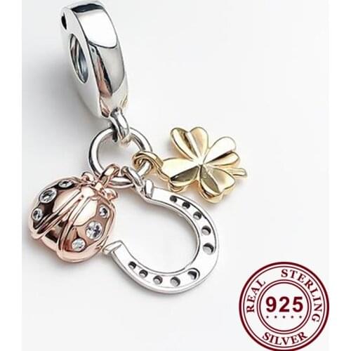 100% 925 Sterling Silver Charm Rose Golden Ladybug And Clover Pendant Fit Pandora Women Bracelet & Necklace Diy Jewelry