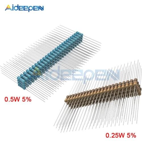 100pcs 1/4W 1/2W 1R-1M 5% 1Kohm 10K 4.7k 22K 100R 220R 470R 1M 1/2.2/4.7/5.1/10/22/47/100/150R/K 0.25W 0.5W Carbon Film Resistor