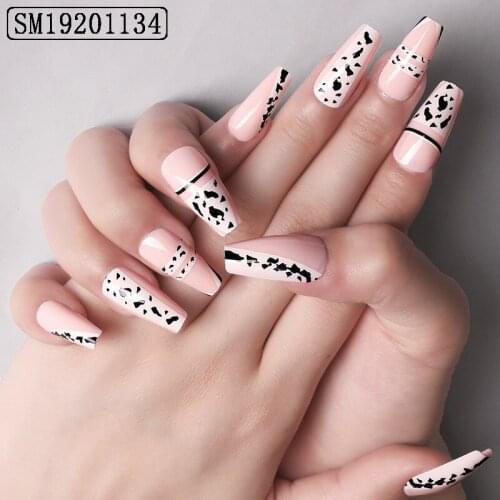 High Quality 24pc Cow Pattern Nail Patch Glue Type Removable Long Paragraph Fashion Manicure False Nail Patch