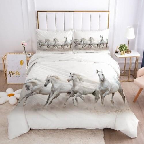 3D Bedding Sets Duvet Quilt Cover Set Comforter Pillowcase Bed Linen King Queen Full Single Size White Animal Horse Home Texitle