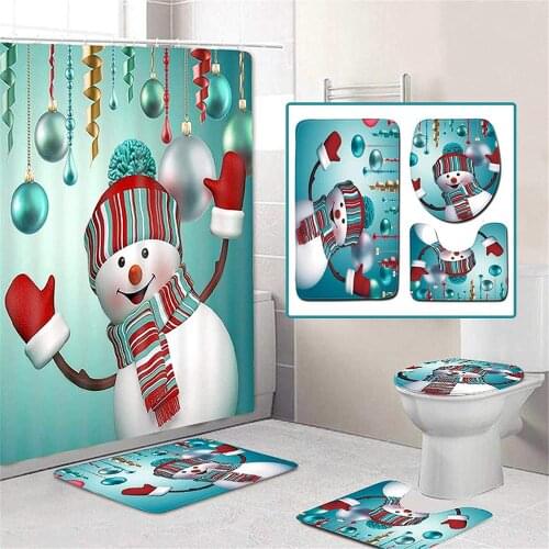 3D Merry Christmas Bathroom Shower Curtain Sets,Xmas Bath Mat/Non-Slip Bathroom Rugs/Lid Toilet Cover/Shower Curtain with 12 Hoo