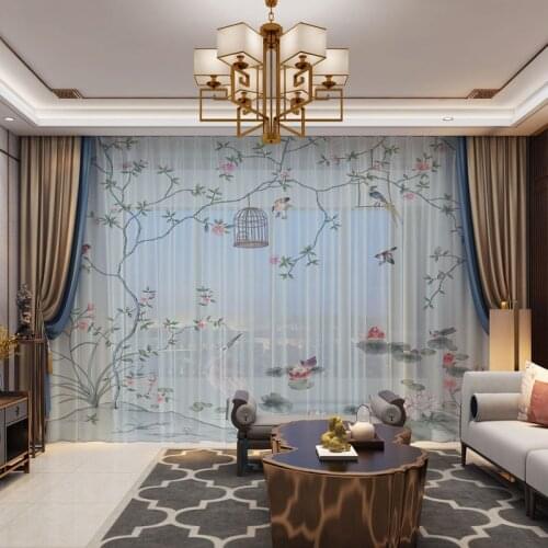 3D Chiffon Curtains Birds Flowers Printed Tulle Voile for Living Room Bedroom Decorative Kitchen Window Curtains Drapes