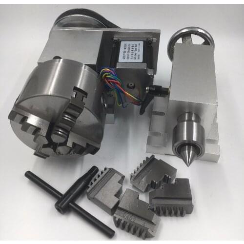 MT2 Morse taper NO.2 Tailstock Rotary 4th Axis Nema23 Stepper Motor 4-Jaw 100mm Lathe Chuck Rotational A Axis for CNC Router