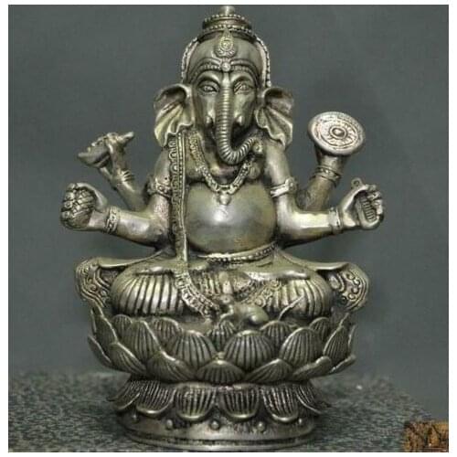 5" Tibet Tibetan silver wealth God 4 arms Elephant Jambhala Mammon Buddha statue