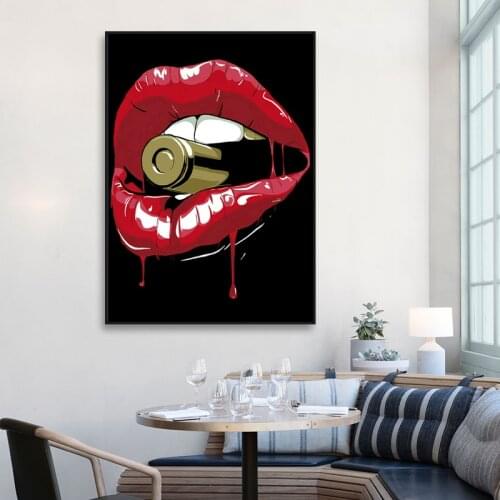 Abstract Red Lips With Bullets Canvas Painting Figure Abstract Poster and Printing Picture For Living Room Home Decor Unframed