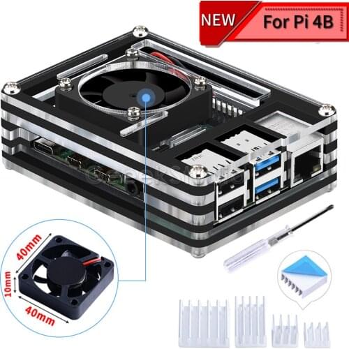 Acrylic Transparent / Clear & Black Case Cover for Raspberry Pi 4 Model B with Large Size Cooling Fan 4010 for Raspberry Pi 4 B