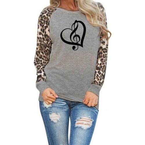 Music Note Print Spring Autumn Casual T-Shirt Female Music Heart Leopard Harajuku Punk Long Sleeve Tops Lover Silicone Tees