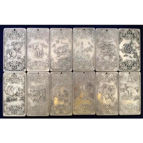 Chinese "Chinese Twelve Zodiac" tibet Silver Bullion thanka amulet full Zodiac
