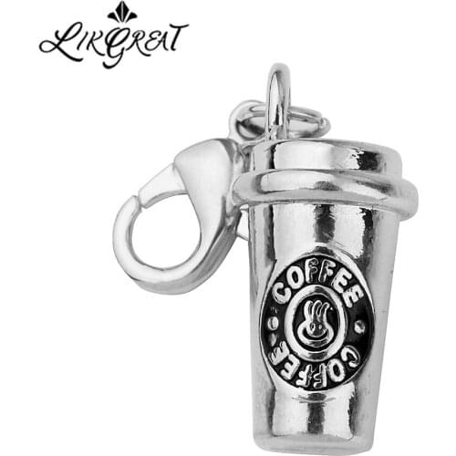 LIKGREAT 3D Coffee Cup Charms with Lobster Claw Clasp Silver Color Metal Enamel Charms for Coffee Lovers Jewelry Making Gifts