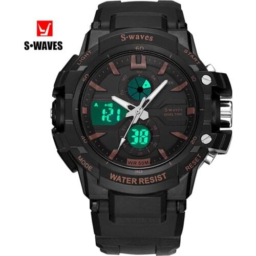 Dual Display LCD Watch Men Alarm Clock Casual Waterproof Relojes Para Hombre Quartz Plastic Band Week Mens Watches SWAVES Brand