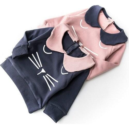 New 2018 Brand 100% Cotton Baby Girls t shirts Cartoon Cat Knit Kids Clothing Clothes Children Doll collar t-shirt Girls Blouse