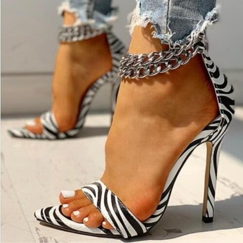 NewestWomen Office Pumps Metal Decoration Chain Buckled Open Toe Thin Heels Sandals Leopard Chain Buckled Fashion Stylish Shoes