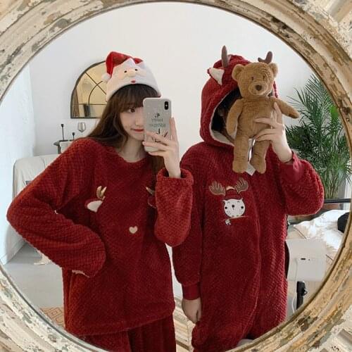 Red Onesies Pajamas Christmas Santa Elk Pattern One-piece Hooded Sleepwear Round Neck Top Long Pants Homewear Sets 2 Piece