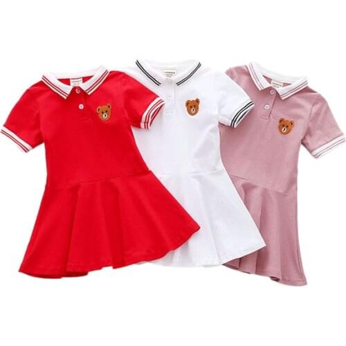 Girls Dress Summer Cute College Style Cotton Bear Embroidery Polo Pleated Dresses Casual Baby Girl Ruffled Dress Party Vestidos