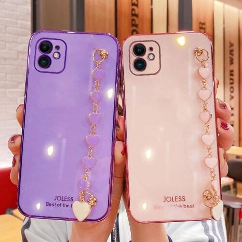 Wrist Chain Love Heart Phone Case For iPhone 12 Pro Max Mini Luxury Silicon Camera Protective Cover For iphone 11 Pro Max Case