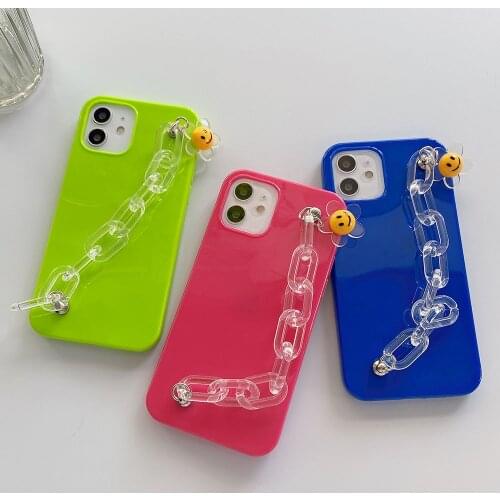 Wrist Chain Case for iPhone 11 Pro Max 7 8 Plus XR XS Max Silicone Cases Cute Smiley Sun flower Chain Hanging Case for iPhone 12