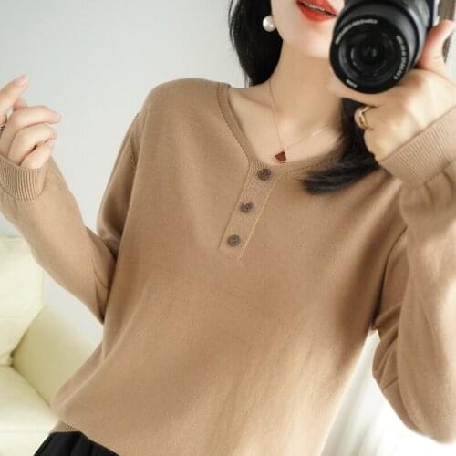 New pullover sweater womens V-neck bottoming spring autumn pure cotton loose long-sleeved sweater all-match sweater linen top