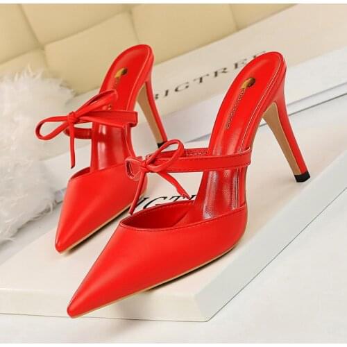 Women Shoes Pumps Pointed Toe Hollow Word band 9CM thin High Heels Boat Wedding Dress Office Party Shoes