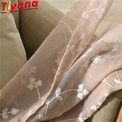 White Leaves Embroidery Tulle Curtains for Living Room Light Pink Yarn Window Drapes for Kitchen Balcony X-HM383#30
