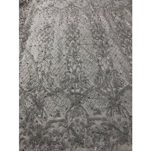 Unique 5yards glued print glitter tulle mesh fabric z-han3960 hot sale with beads for evening dress