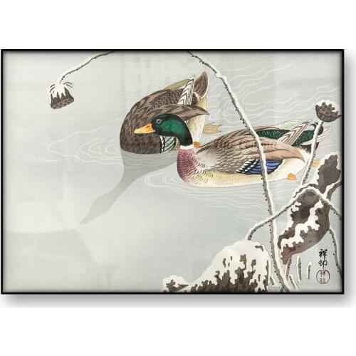 Two Mallards near a Snow-Covered Lotus Ohara Koson Vintage Japanese Art Poster Birds Woodblock Canvas Print Asian Wall Art Decor