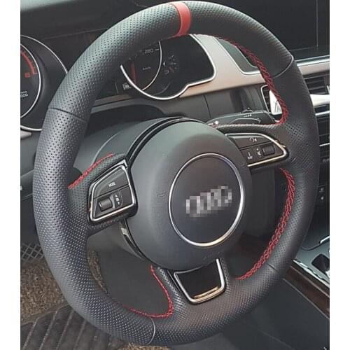 For Audi High Quality Hand-stitched Anti-Slip Black Leather Red Thread DIY Steering Wheel Cover