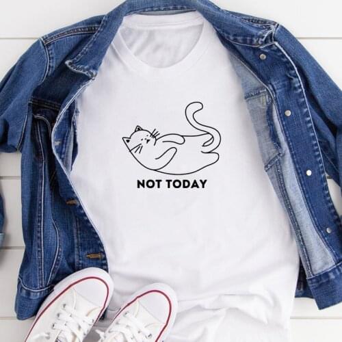 Not Today Cat Print T-shirt Cute Animal Lover Gift Tshirt Funny Women Short Sleeve Graphic Lazy Cat Tee Shirt Top