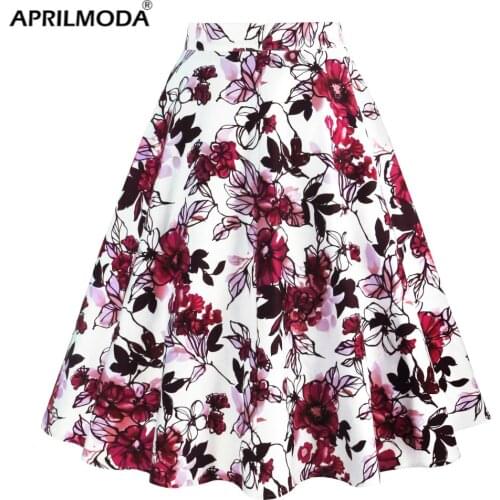 2021 Ladies Cotton 50s 60s Runway Floral Skirt Retro Swing Summer High Waist Vintage Pin Up Rockabilly Plus Size Women Skirts