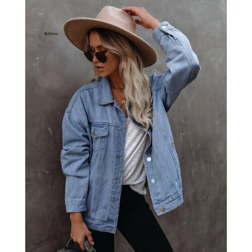 Women Clothes Oversized Distressed Denim Jacket Spring Fall Ladies Solid Color Lapel Casual Loose Street Jean Jacket Coats