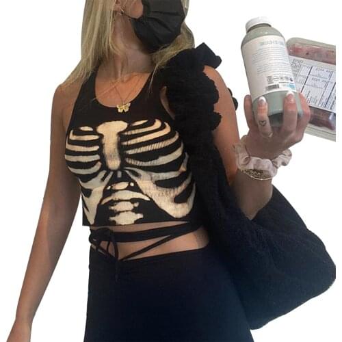 Womens Rib Knit Tank Tops, Trendy Sleeveless Round Neck Skeleton Print Crop Tops
