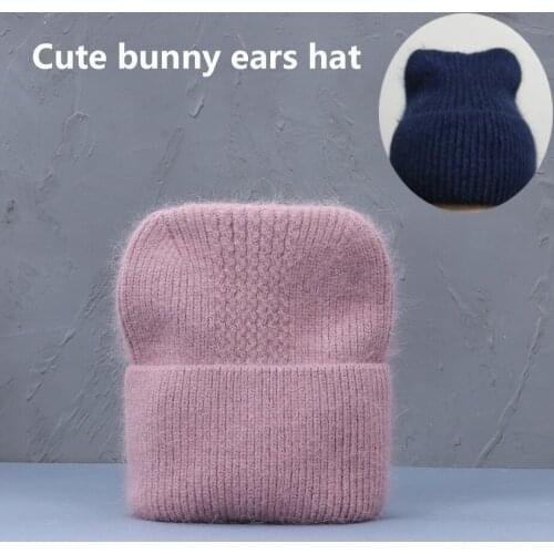 Women Knitted Winter Hat Ears Female Warm Rabbit Hair Knitted Beanie Girls Solid Cashmere Knitted Women bunny ears Hat