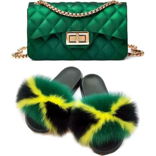 Women Fluffy Fur Slide Matching Bag Frosted Sandals Shoes Fur Slippers Purse Set Plush Flip Flops Furry Fur Slipper Shoulderbag