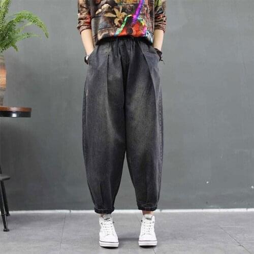 2020 Autumn New Arts Style Women Loose Casual Jeans Femme Elastic Waist Cotton Denim Harem Pants vintage Jean Trousers M330