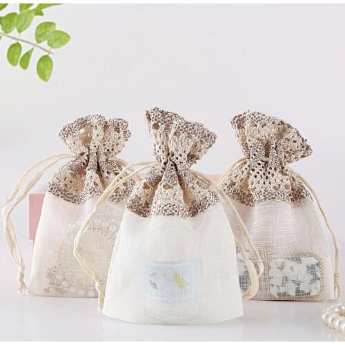 12 Pcs 10x14cm Floral Style Drawstring Wave Lace Canvas Bag for DIY Sundries Craft Pouch Gift Candy Bag Wedding Party Decor Bag