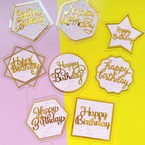 INS Happy Birthday Cake Topper Gold Glitter Shining Double Layer Cupcake Topper for Girls Baby Birthday Party Cake Decorations