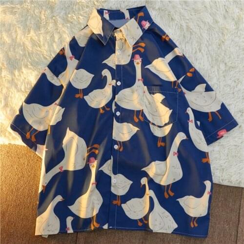 Summer new loose cartoon print five-point sleeve lapel shirt college style wild casual blouse female