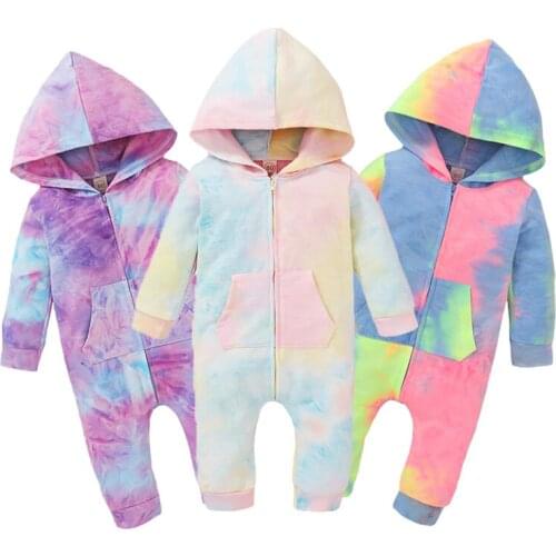 0-18M Infant Baby Boy Girl Tie-Dye Printed Romper Long Sleeve Zipper Hoodies Jumpsuit Autumn Warm Romper Outfit