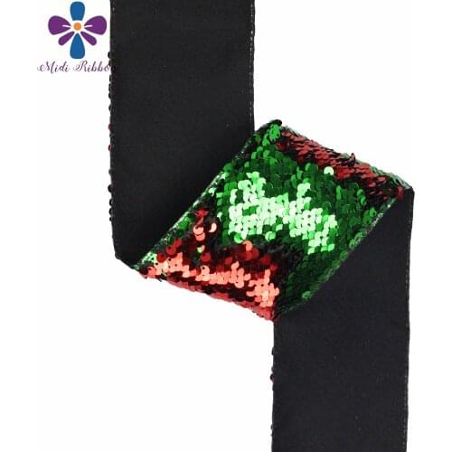 3"75mm Double Color Reversible Sequin Ribbon Green with Red Gold 25yards/roll DIY Christmas Decor Hair Bowknots Making