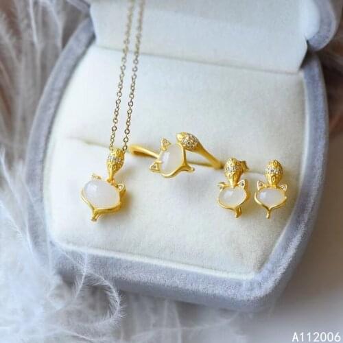 KJJEAXCMY fine jewelry 925 sterling silver natural white jade earrings ring pendant popular fox ladies suit support testing