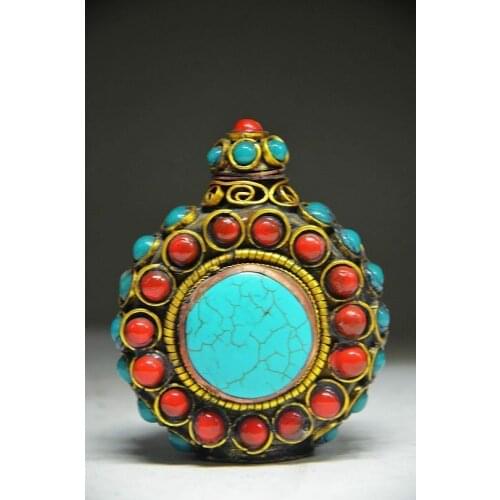 DELICATE CHINESE TURQUOISE AND RED CORAL HANDWORK SNUFF BOTTLE
