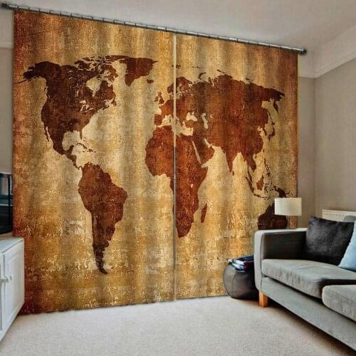 Brown map curtains 3D Curtain Luxury Blackout Window Curtain Living Room Blackout curtain