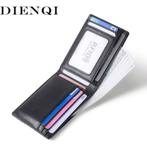 DIENQI Top Grain Leather Wallets for Men RFID Blocking Slim 10 Card Holder Bifold Male Billfold Thin Wallet Money Bags Purses