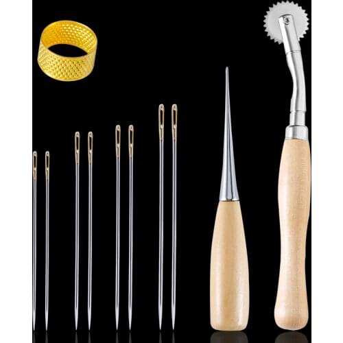 MIUSIE Leather Craft Sewing Needles Stitching Sewing Thimble+Awl+Round Handle Wheel Handmade Leather Hole Punches DIY Tools