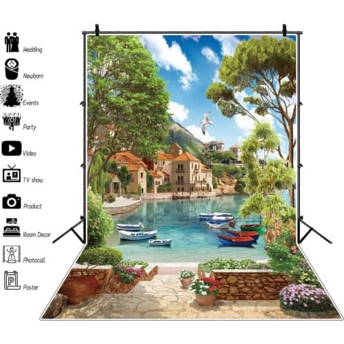 Laeacco Seaside Village Boat Mountain Forest Trees Flowers Bridal Shower Wedding Photography Backdrops Photo Backgrounds Studio